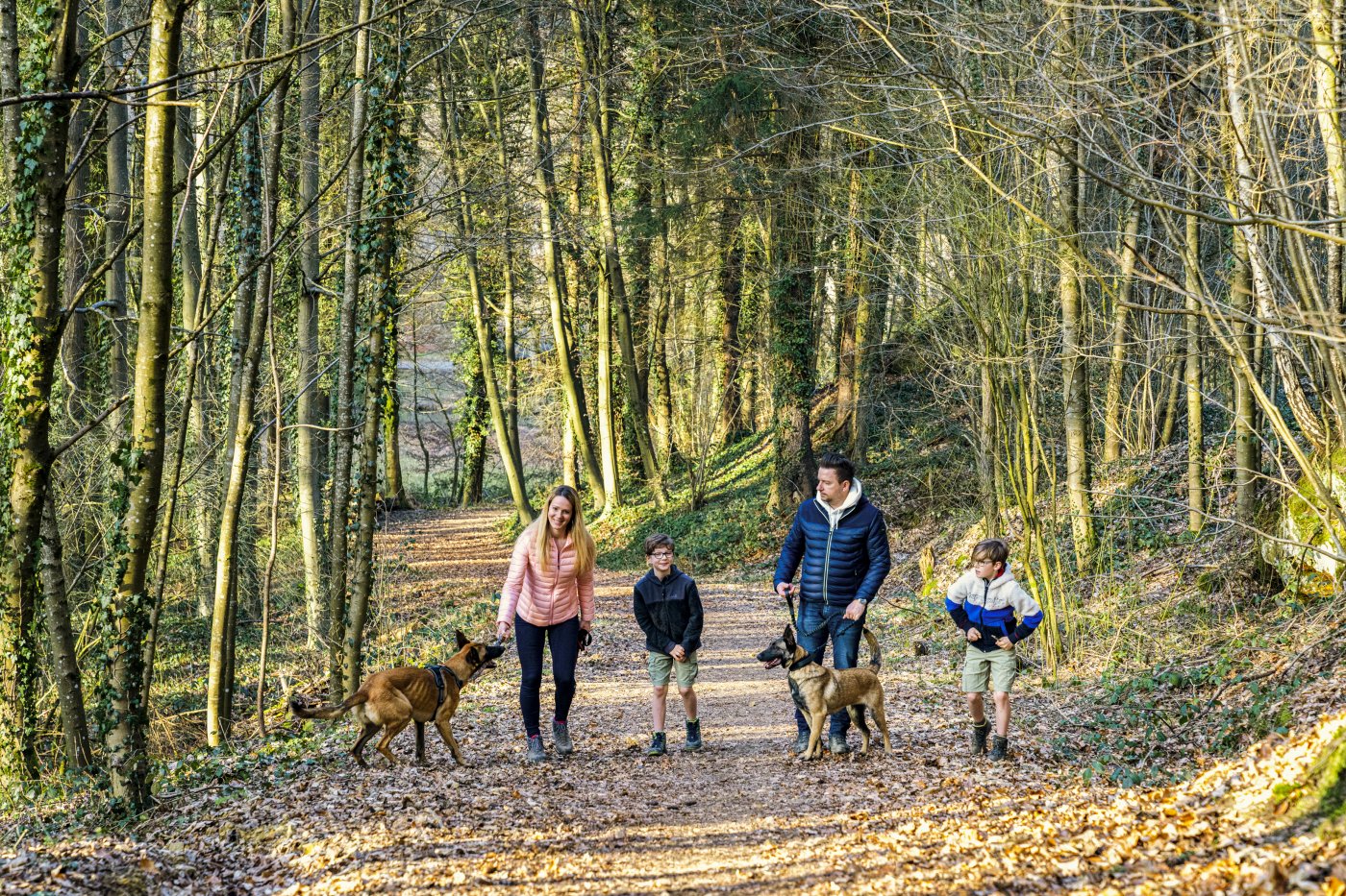 Photo d'une famille pendant une promenade en forêt