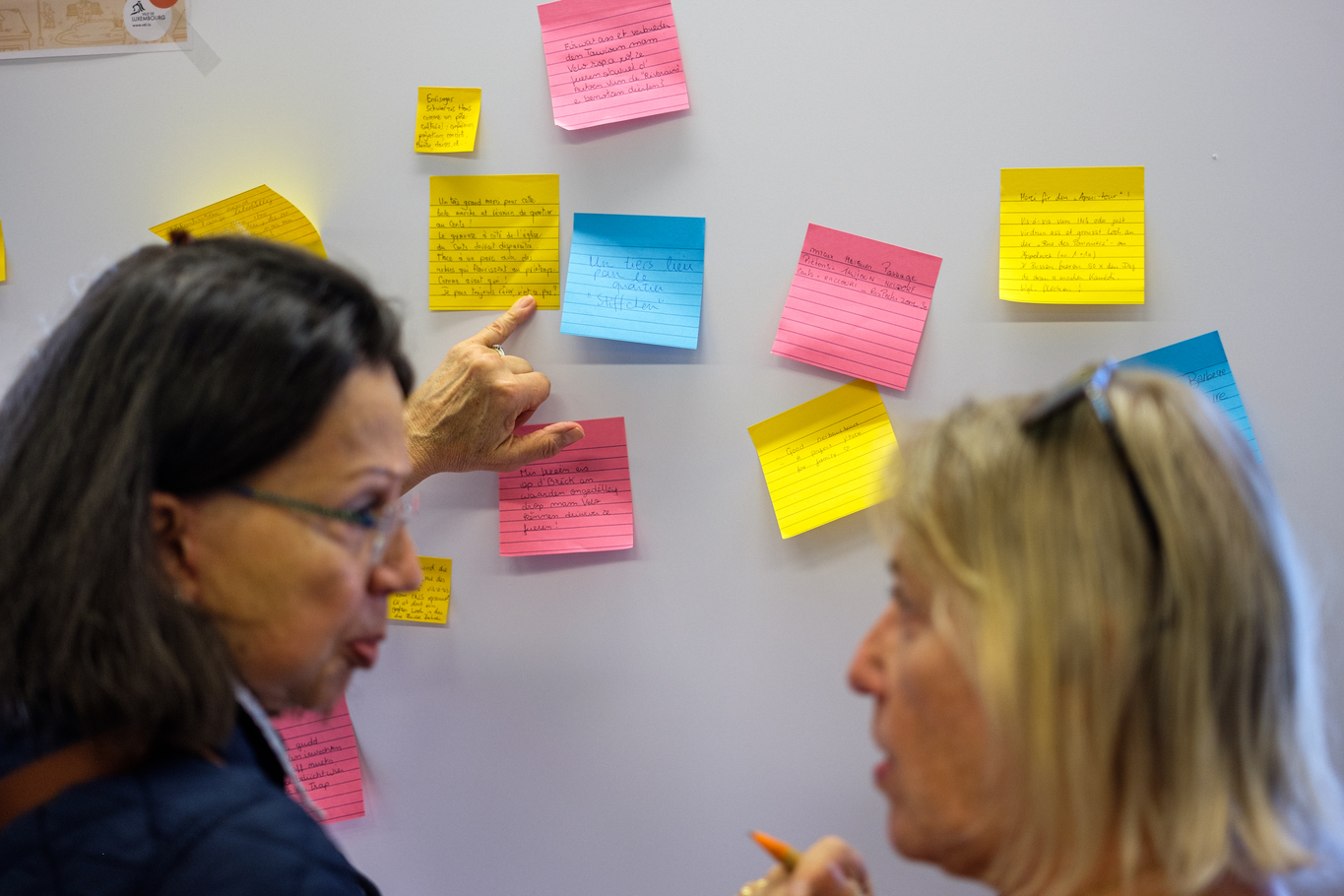 Image de personnes deux personnes travaillent sur un whiteboard avec des Post-It