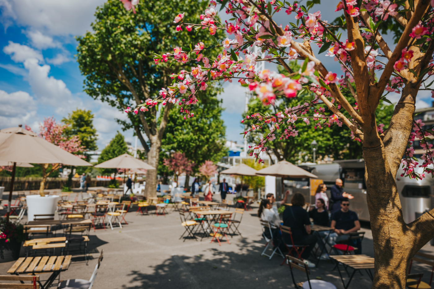 Image d'un arbre avec fleurs roses en focus et la Place de la Constitution avec des tables et chaises ainsi qu'un foodtruck en arrière-plan.